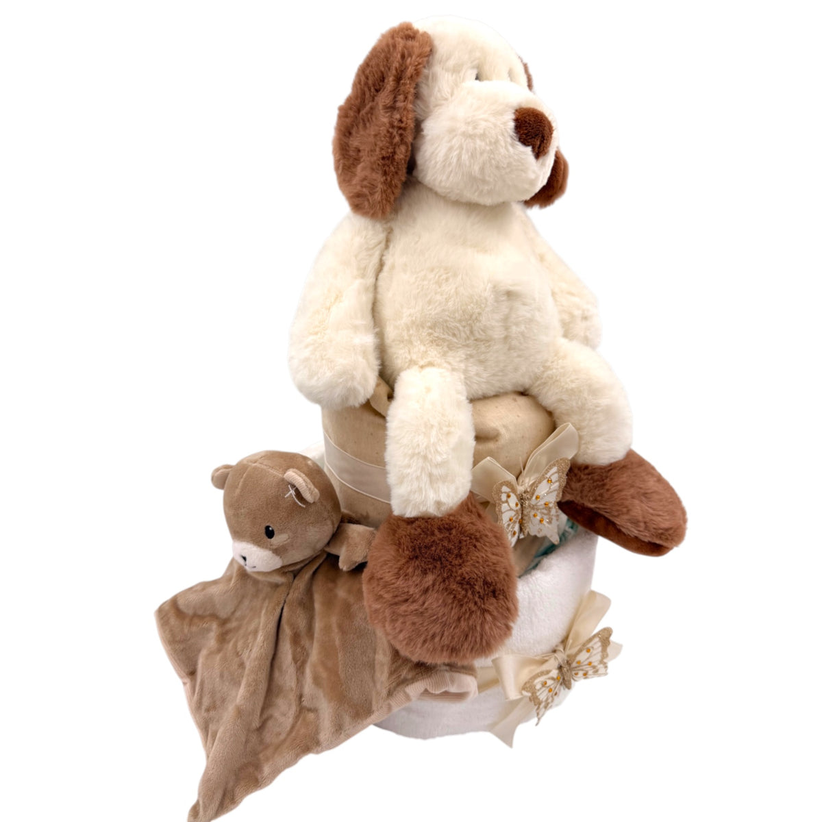 Windeltorte mit Kuschelhund &amp; Schmusetuch – Liebevolles Geschenk zur Geburt