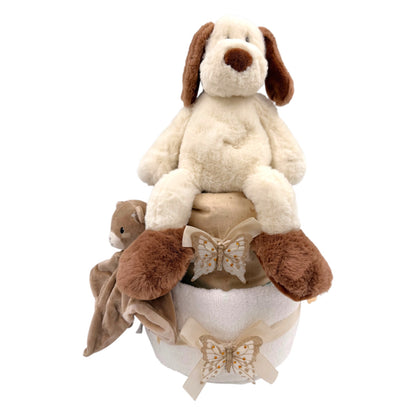 Windeltorte mit Kuschelhund &amp; Schmusetuch – Liebevolles Geschenk zur Geburt