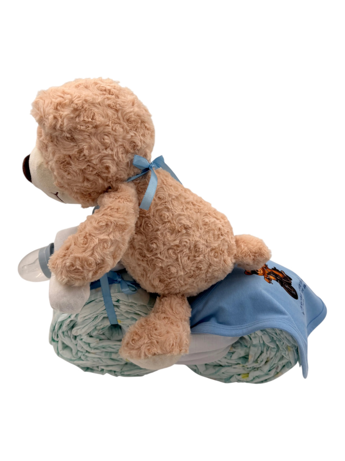 EH-Designs Windeltorte als Motorrad mit Teddybär, blauem Baby-Shirt und Schnuller als Geschenk zur Geburt