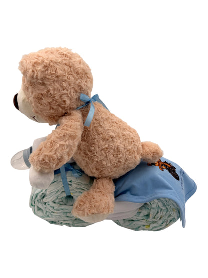 EH-Designs Windeltorte als Motorrad mit Teddybär, blauem Baby-Shirt und Schnuller als Geschenk zur Geburt