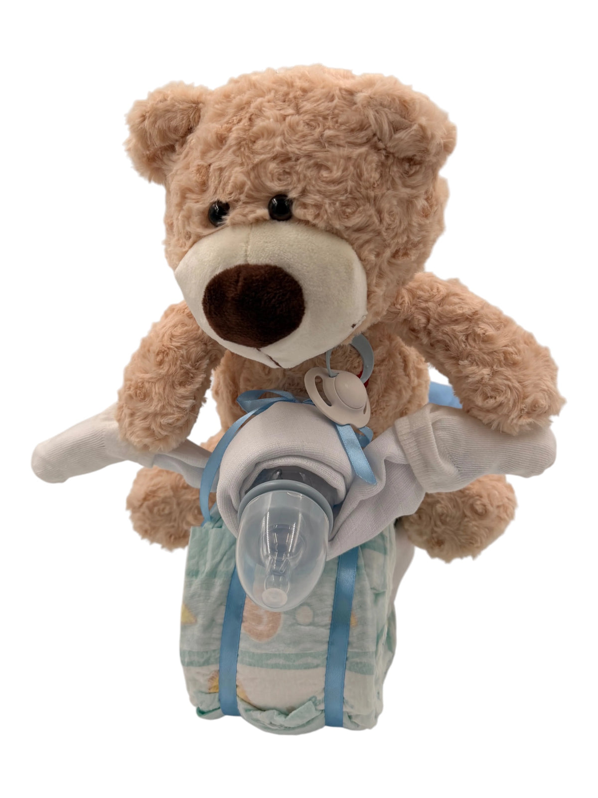 EH-Designs Windeltorte als Motorrad mit kuscheligem Teddybär, blauem Baby-Shirt und Schnuller als Geschenk zur Geburt