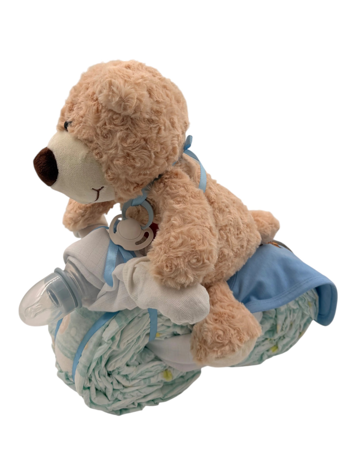 EH-Designs Windeltorte Motorrad in Blau mit kuscheligem Teddybär, Baby-Shirt und Schnuller als Geschenk zur Geburt