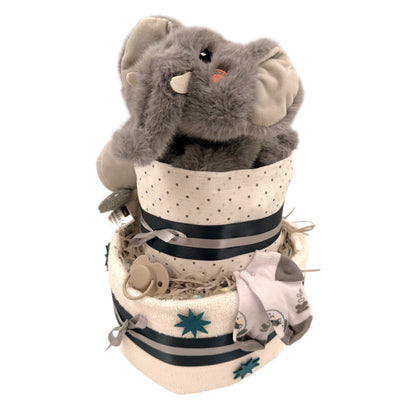 Windeltorte mit Elefant, Nuschi &amp; Baby-Accessoires – Ein zauberhaftes Geschenk zur Geburt