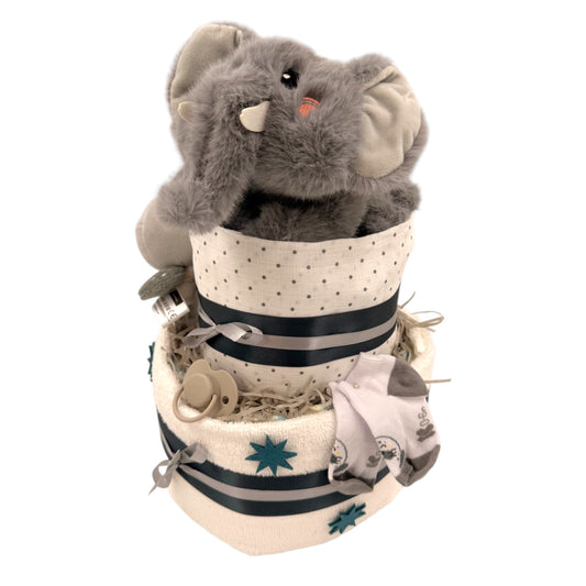 Diaper cake with elephant, muslin cloth & baby accessories – A magical gift for a birth