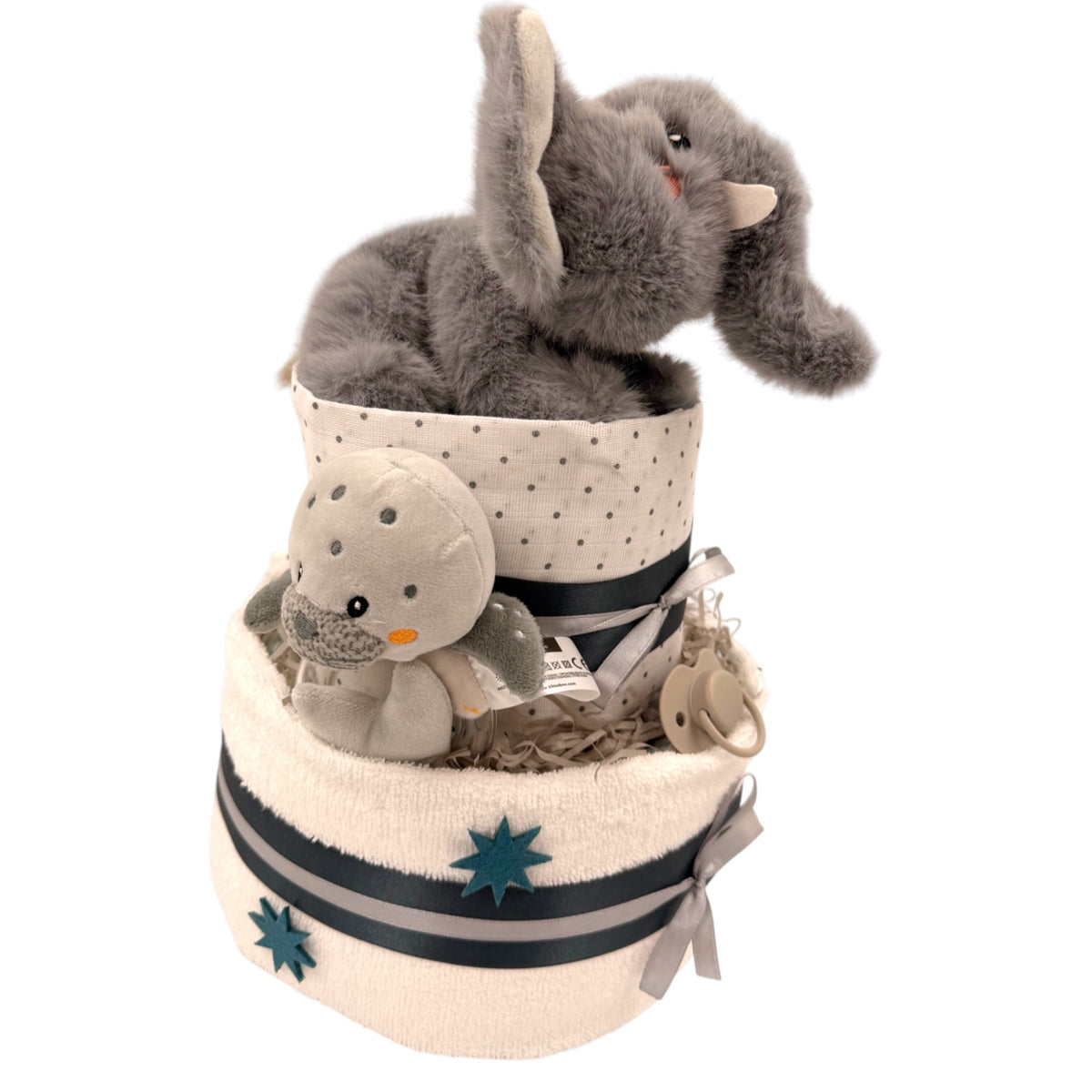 Windeltorte mit Elefant, Nuschi &amp; Baby-Accessoires – Ein zauberhaftes Geschenk zur Geburt