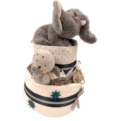 Windeltorte mit Elefant, Nuschi &amp; Baby-Accessoires – Ein zauberhaftes Geschenk zur Geburt