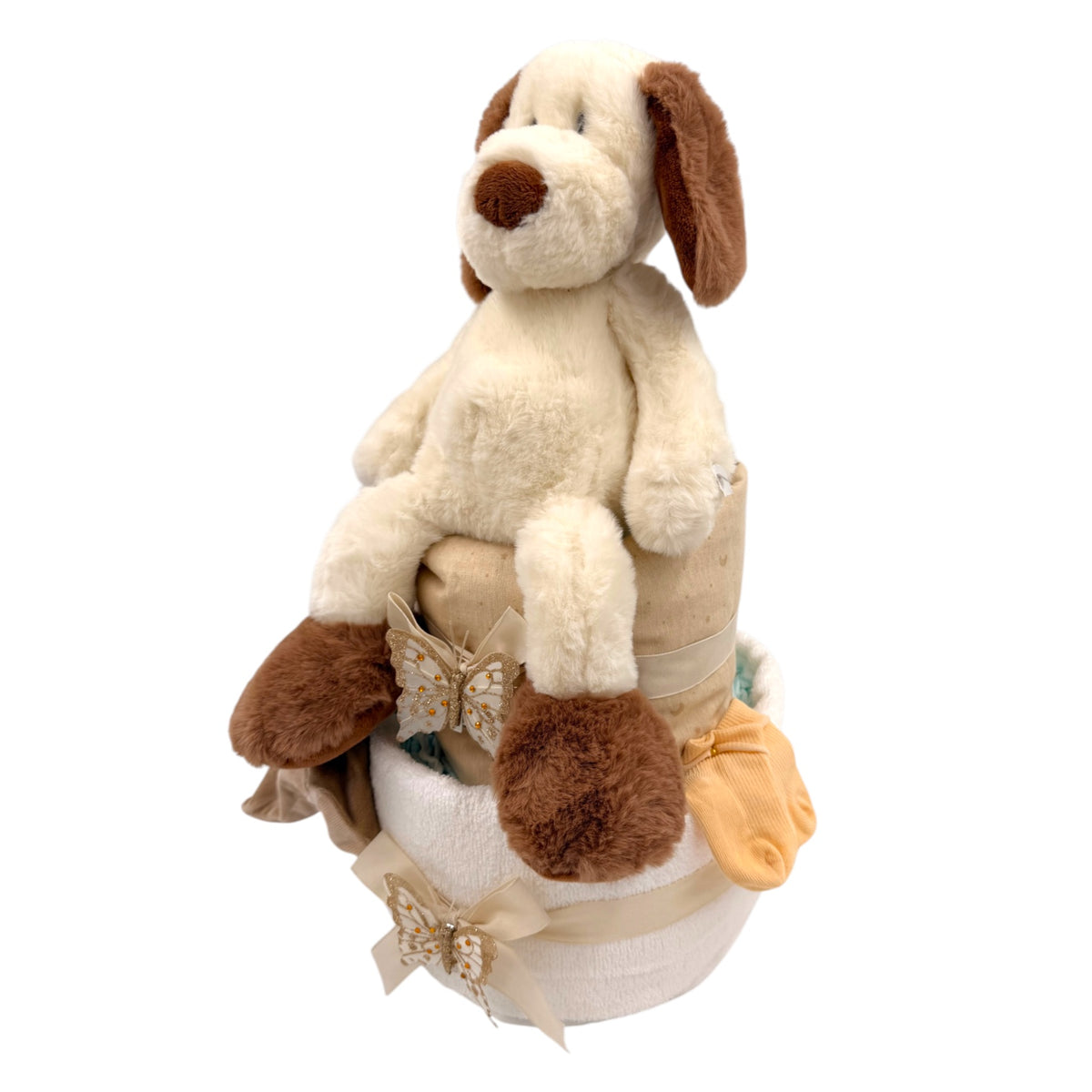 Windeltorte mit Kuschelhund &amp; Schmusetuch – Liebevolles Geschenk zur Geburt