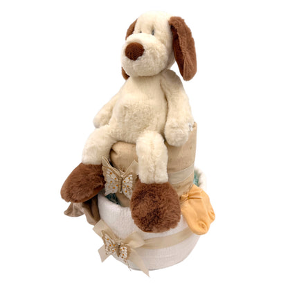 Windeltorte mit Kuschelhund &amp; Schmusetuch – Liebevolles Geschenk zur Geburt