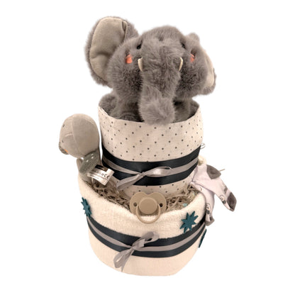 Windeltorte mit Elefant, Nuschi &amp; Baby-Accessoires – Ein zauberhaftes Geschenk zur Geburt